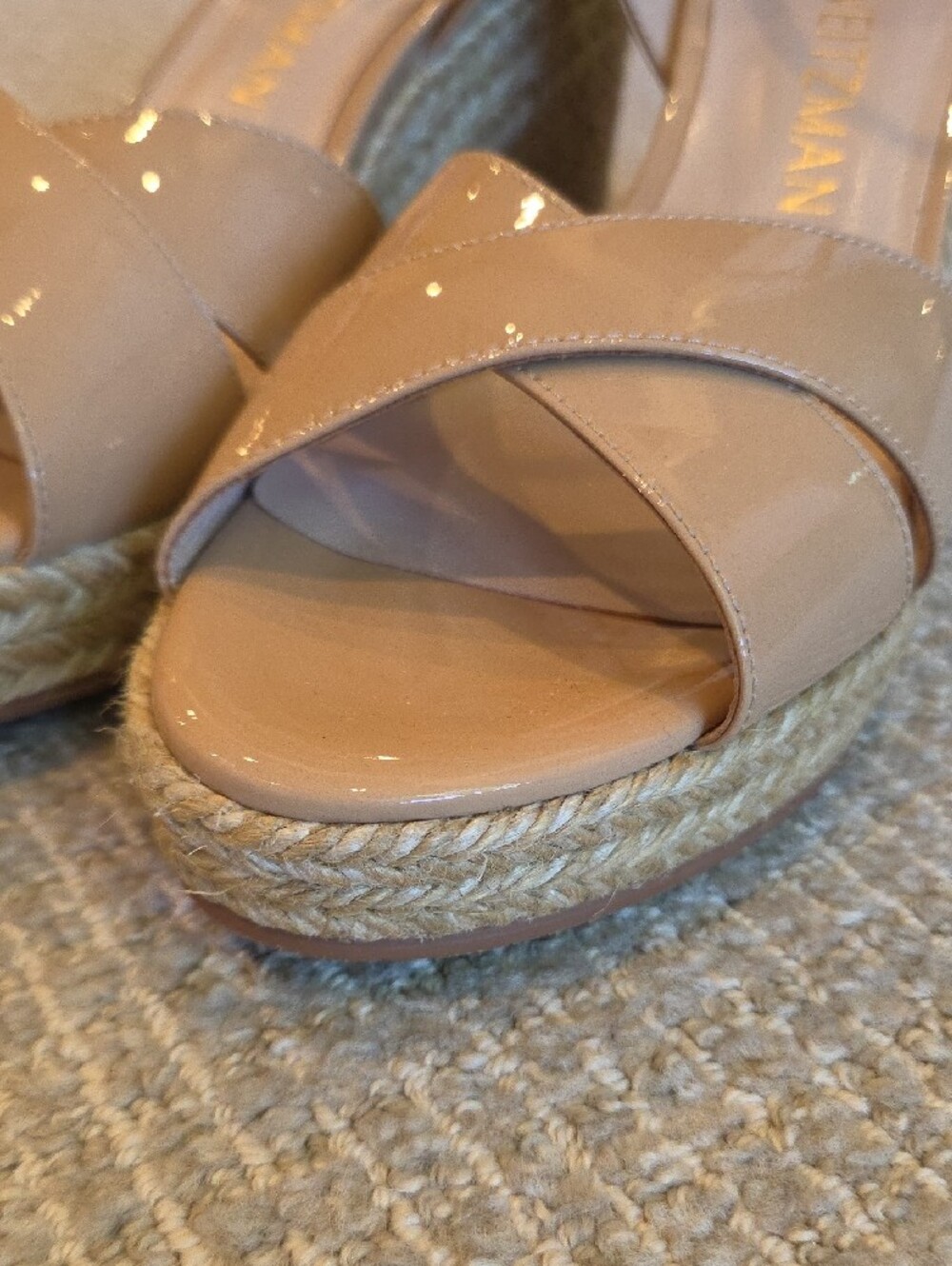 Stuart Weitzman Patent Leather Espadrille Wedge Sandals in Nude - Picture 3 of 14